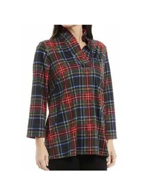 Ali Miles Tartan Plaid Ruffled Neck Tunic Top Plus Sz 2X Stretch Preppy Holiday